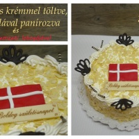 Mogyorós krémmel töltött, mandulával panírozott torta (marcipánból Dánia zászlaja)